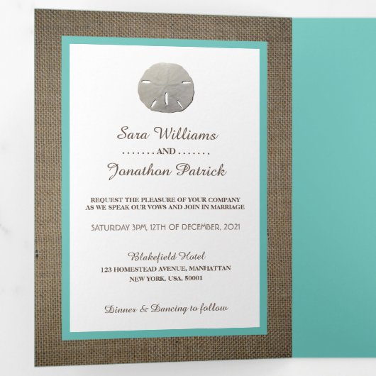 Sand Dollars & Burlap, Aquamarin Beach Wedding Sui Dreifach Gefaltete Einladung (Innen Erste Seite)