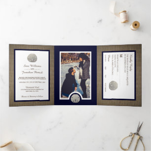 Sand Dollars & Burlap Navy Beach Wedding Suite Dreifach Gefaltete Einladung