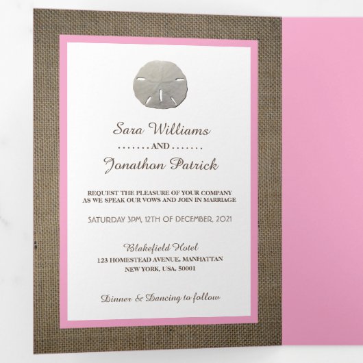 Sand Dollars & Burlap, Pink Beach Wedding Suite Dreifach Gefaltete Einladung (Innen Erste Seite)