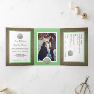Sand Dollars & Burlap, Sage Beach Wedding Suite Dreifach Gefaltete Einladung