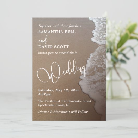 Sand & Foam Beach Foto & Typografie Wedding 2b Einladung (Stehend Vorderseite)