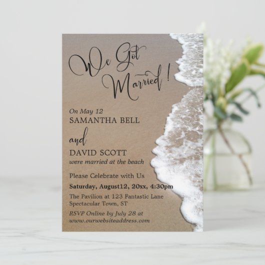Sand & Foam Beach Foto, Wir Got Verheiratet Einladung (Stehend Vorderseite)