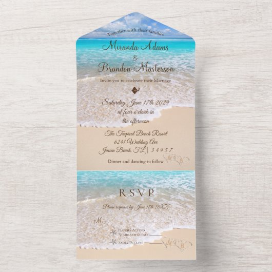 Sand Hearts Tropical Ocean Beach Hochzeit All In One Einladung (Innen Boden)