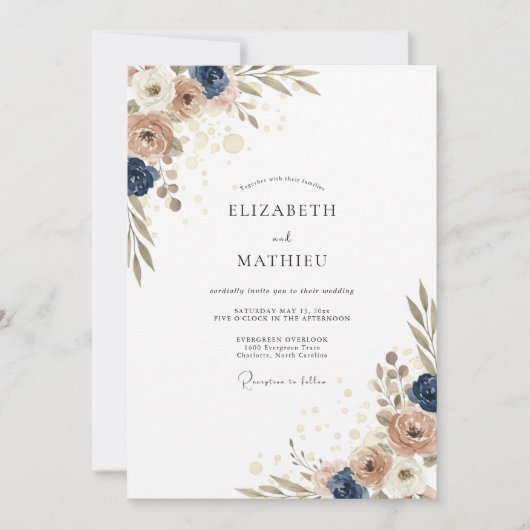 Sand Indigo Pfingstrosen-Hochzeit Einladung (Vorderseite)
