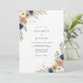 Sand Indigo Pfingstrosen-Hochzeit Einladung (Stehend Vorderseite)