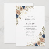 Sand Indigo Pfingstrosen-Hochzeit Einladung (Vorne/Hinten)