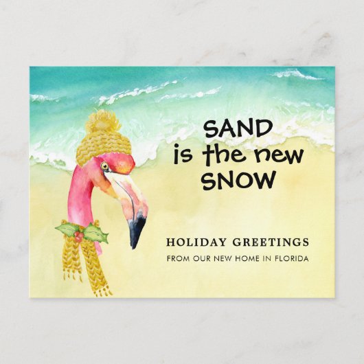 Sand ist der neue Schnee Flamingo Beach Holiday Mo Ankündigungspostkarte (Vorderseite)
