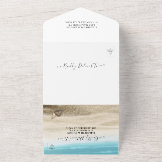 Sand Letter Starfish Seashell Summer Beach Wedding All In One Einladung (Außenbereich)