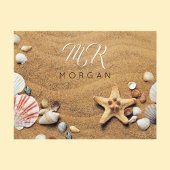 Sand & Muscheln, Name & Monogramm, Weiße Schrift Postkarte
