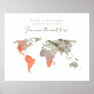 Sand/Orange Watercolor World Map Poster Gästebuch