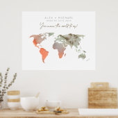 Sand/Orange Watercolor World Map Poster Gästebuch (Küche)
