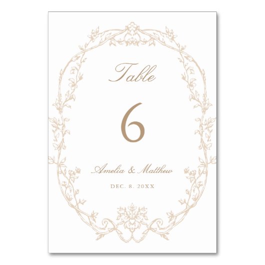 Sand Ornate Floral Frame Wedding Tischnummer (Vorderseite)