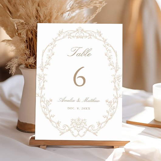 Sand Ornate Floral Frame Wedding Tischnummer