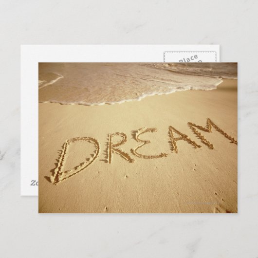 Sand schreiben 'Dream' mit ankommendem Surfen oben Postkarte (Vorne/Hinten)