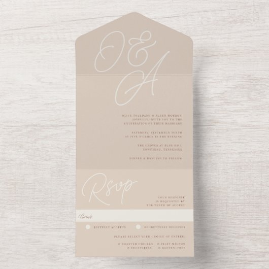 Sand | Script Watermark Monogram Wedding All In One Einladung (Innen Boden)