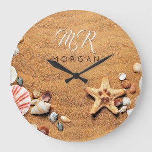 Sand & Sea Shells, DIY Name & Monogram, Wh Script Große Wanduhr