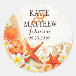 Sand Seashells Floral Rustic Beach Wedding Label Runder Aufkleber