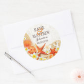 Sand Seashells Floral Rustic Beach Wedding Label Runder Aufkleber (Umschlag)