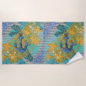 Sand Starfish & Anchor Blue Nautic Strandtuch (Vorderseite)