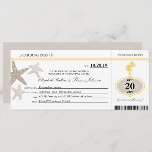 Sand Starfish Buttercreme Palm Tree Boarding Pass Einladung (Vorne/Hinten)