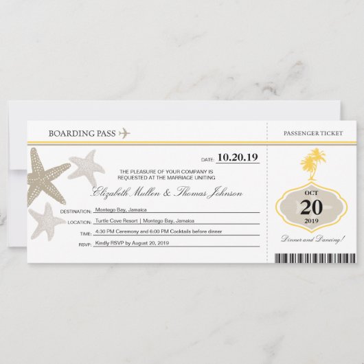 Sand Starfish Buttercreme Palm Tree Boarding Pass Einladung (Vorderseite)