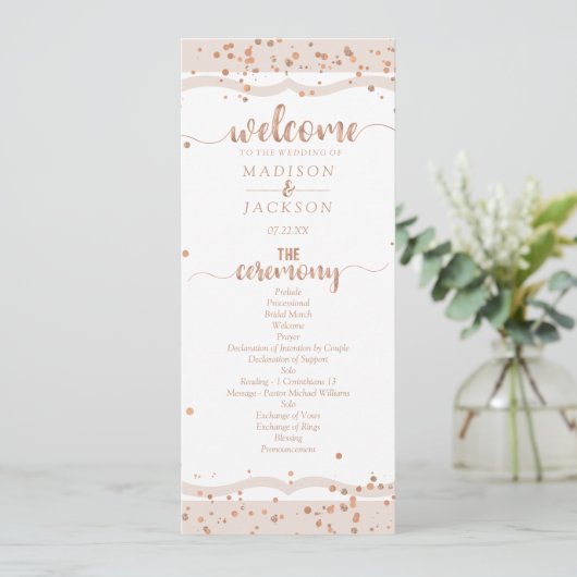 Sand Stripes & Rose Gold Confetti Hochzeitsprogram Programm (Stehend Vorderseite)