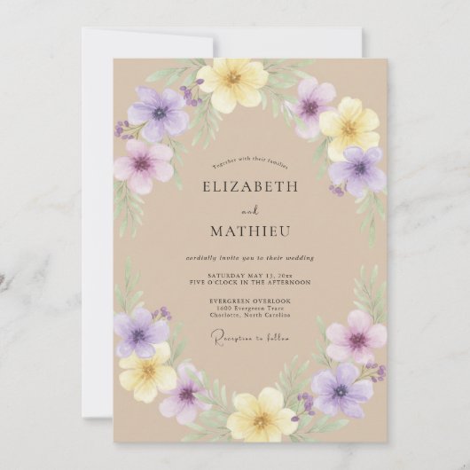 Sand-Veilchen-Wildblumen-Hochzeit Einladung (Vorderseite)