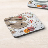 Sandalen, Muscheln und Starfish am Strand Getränkeuntersetzer (Linke Seite)