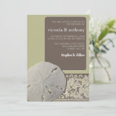 Sandballplatz, Vintage Hochzeit am Strand Einladung (Stehend Vorderseite)