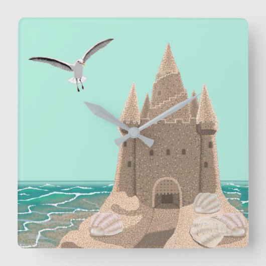 Sandcastle-Seagull-Wand Quadratische Wanduhr (Vorderseite)