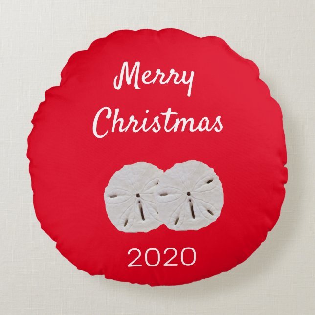 Sanddollar Muster Red White Beach Frohe Weihnachte Rundes Kissen (Vorderseite)