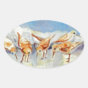 Sanderlings Tiny Watercolor Beach Birds Sandpipers Ovaler Aufkleber