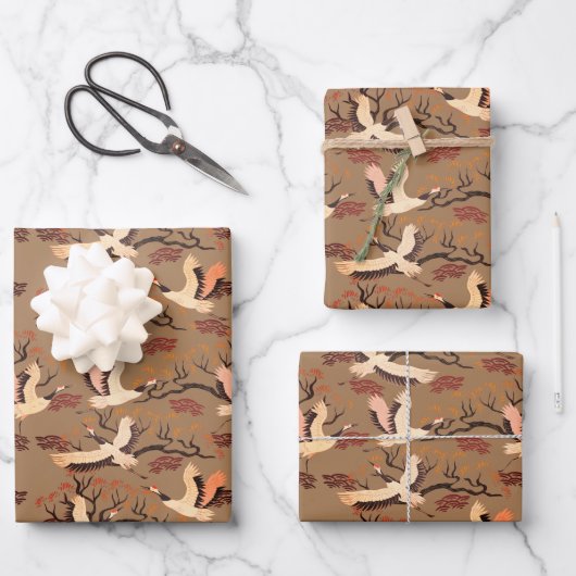Sandhill Cranes Trees Pattern Brown Geschenk Geschenkpapier Set (Vorderseite)