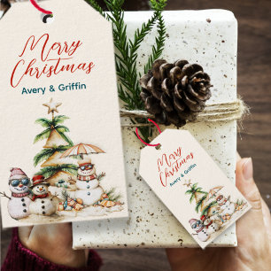 Sandiger Weihnachtsbaum-Schneemann-Treffen Geschenkanhänger
