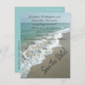 Sandschrift am Strand Save the Date Postkarte (Vorne/Hinten)