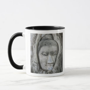 Sandstein-Kopf des Buddha, umgeben von einem Baum Tasse