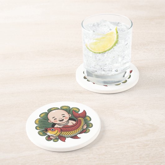 Sandstein Untersetzer | Niedlicher Junge mit Lucky (Seite)