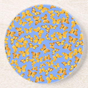 Sandstone Coaster, Golden Butterflies on Blue Untersetzer
