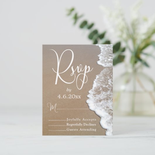 Sandstrand Foto/Typografie Hochzeitsszenario RSVP (Stehend Vorderseite)