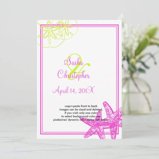 Sandstrand+Meer/Kalk grün+fuschia/ Einladung zur H (Stehend Vorderseite)