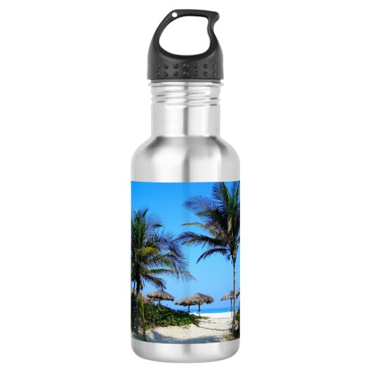 Sandstrand mit Palmen und Meerblick Edelstahlflasche (Vorderseite)