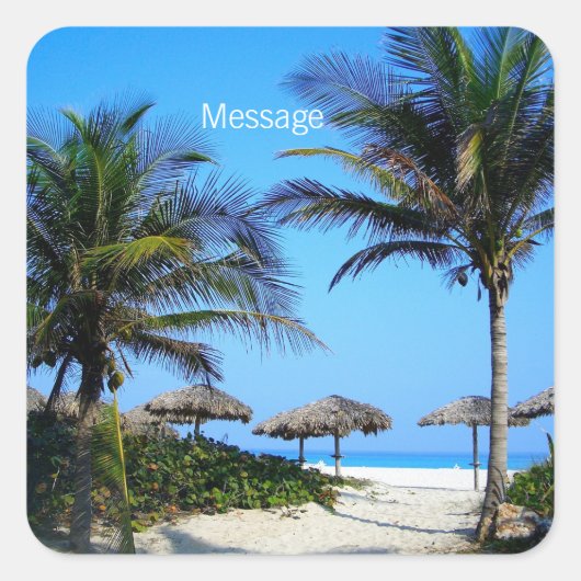 Sandstrand mit Palmen und Oval mit Meerblick Quadratischer Aufkleber (Vorderseite)