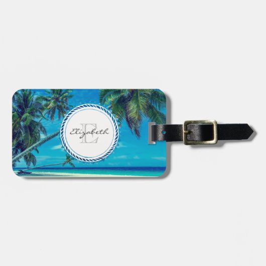 Sandstrand mit Tropical Palm Trees Monogram Gepäckanhänger (Vorderseite horizontal)