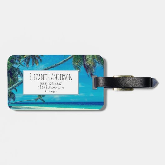Sandstrand mit Tropical Palm Trees Monogram Gepäckanhänger (Rückseite horizontal)