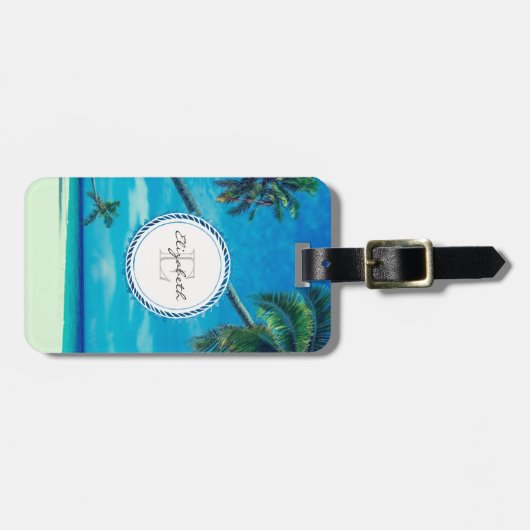 Sandstrand mit Tropical Palm Trees Monogram Gepäckanhänger (Vorderseite horizontal)