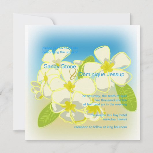 Sandstrand/Plumerias Hochzeit in Urlaubsort Einladung (Rückseite)