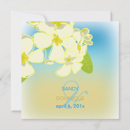 Sandstrand/Plumerias Hochzeit in Urlaubsort Einladung (Vorderseite)
