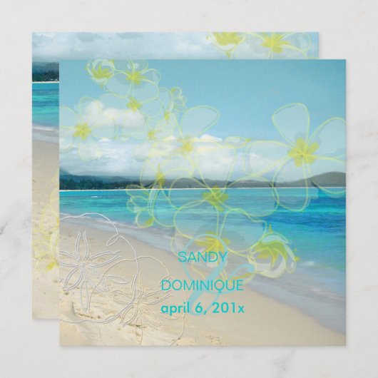 Sandstrand/Plumerias Hochzeit in Urlaubsort Einladung (Vorne/Hinten)