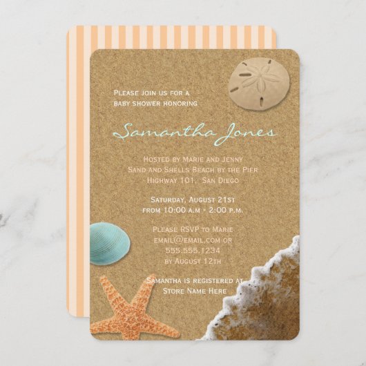 Sandstrand und Muscheln Beach Baby Dusche Einladun Einladung (Vorne/Hinten)
