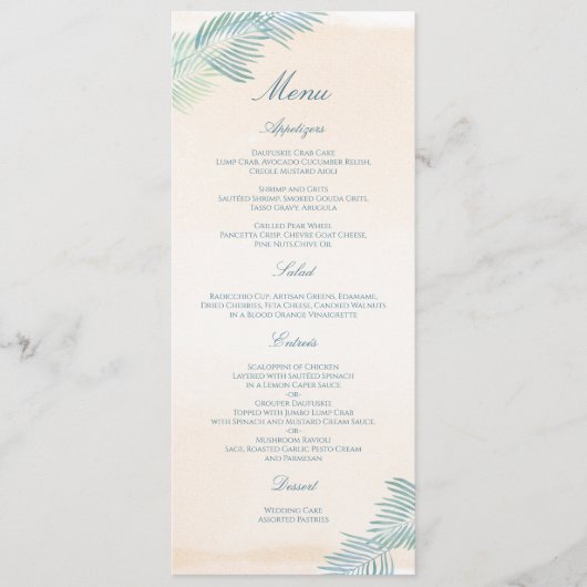 Sandstrand und Palms Beach Hochzeit Menükarte (Vorderseite)